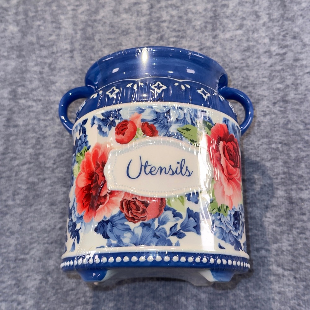 The Pioneer Woman Heritage Floral Utensil Holder Blue Stoneware PWF028000686012
